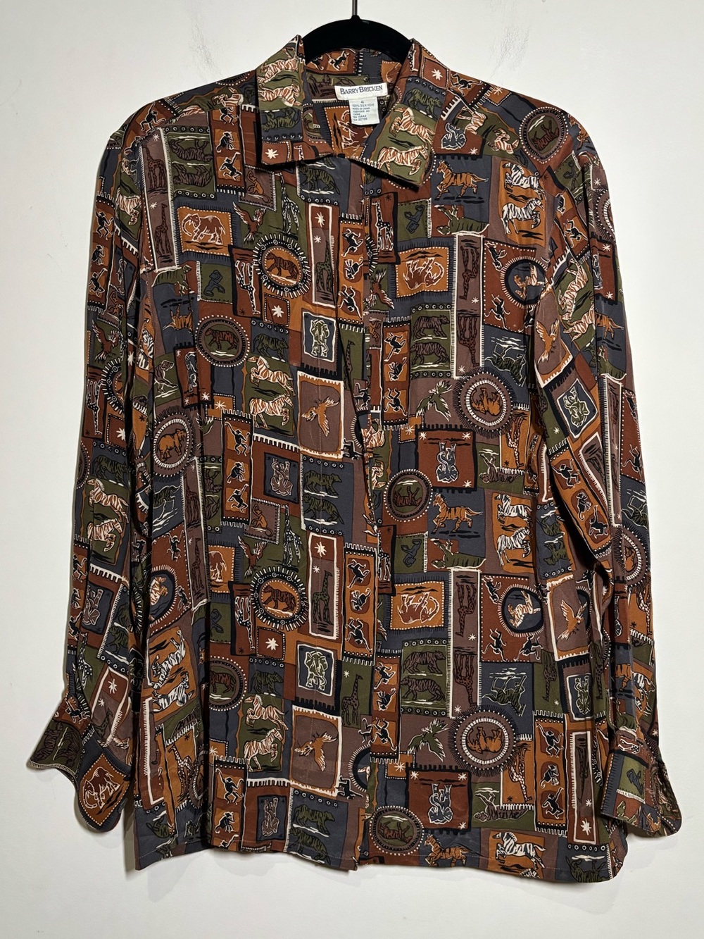 Vintage Barry Bricken Animal Postage Stamp Silk Button-up Shirt